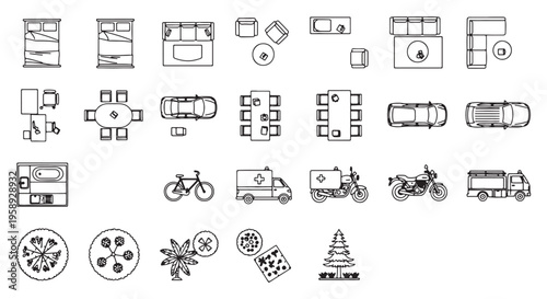 Architectural Floor Plan Symbols and Top View Furniture and Vehicle Icons for Blueprint Layouts