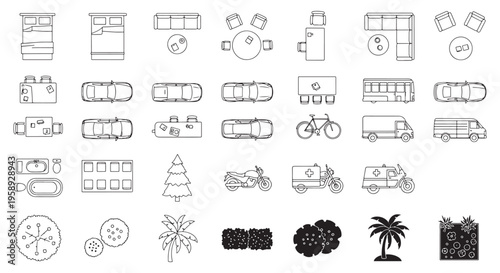 Top View Floor Plan Icons Set - Furniture, Vehicles, Trees and Landscape Symbols for Architecture
