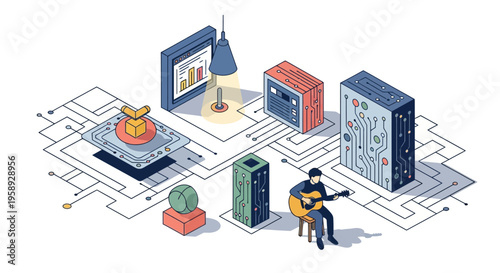 A man sits and plays acoustic guitar in a futuristic room with digital servers and data charts for music