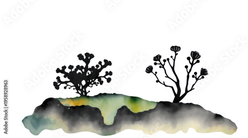 Abstract Watercolor Landscape with Two Black Silhouette Trees and Artistic Washes