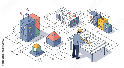 Architect working on building plans with 3D models and blueprints in technical isometric workspace design layout