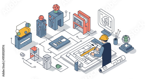 Professional architect drafting building plans isometric construction engineering project architectural development work layout office tools sketch