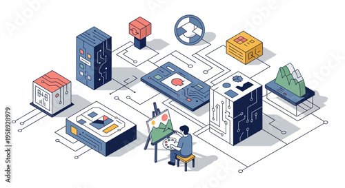 A Man Paints On A Canvas Connected To Digital Tech Networking Server Data System Units Isometric