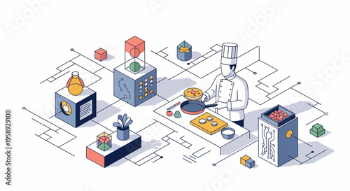 A professional chef is cooking and flipping a pancake in a futuristic isometric digital kitchen with abstract technology elements
