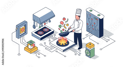 Chef Cook Hot Food Meal Pan Fire Tech Lab Data Base Room Art Work Set