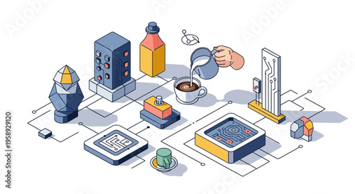 A hot cup of coffee in a cafe with a tech chip on a board