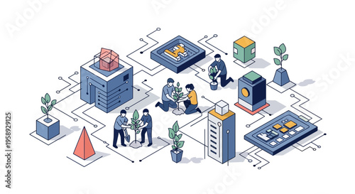 Small team plant trees on tech data lines for a green earth and cool life