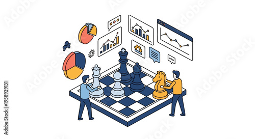 Strategic business plan where people play chess and look at data for growth and success goals