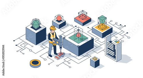 Industrial isometric engineer worker using power drill on digital tech circuit board building futuristic abstract geometric structures for complex infrastructure architecture development