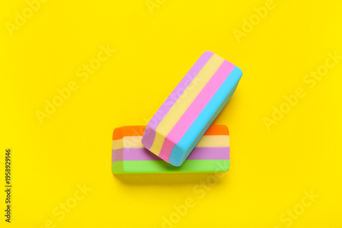 Colorful rubber erasers on ...