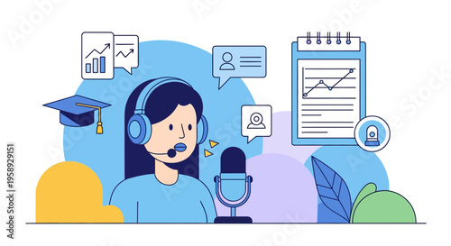 Professional Female Host Recording Digital Content Marketing Podcast Webinar with Analytics Data Charts and Educational Symbols