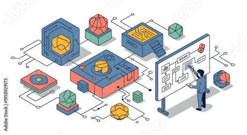 Isometric man plan work step data flow logic and brain storm idea on white board