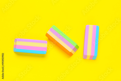 Colorful rubber erasers on ...