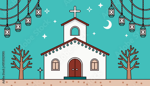 Church building with lanterns and trees under moonlight background  