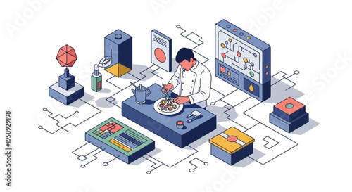 Chef at work in tech kitchen with data and tools for food art prep now