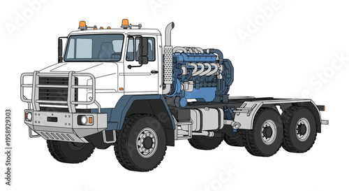 Heavy Duty Semi Truck Chassis With Exposed Diesel Engine And Off-Road Bull Bar Front