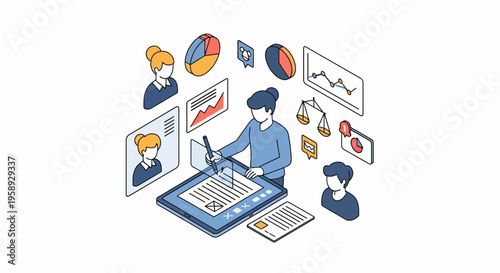 Electronic signature concept on tablet with digital document data charts legal icons for business workflow