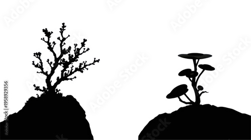 Silhouette of a Minimalist Tree and Stylized Mushrooms on Mounds Against a Transparent Background