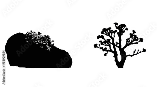 Silhouette Illustration of a Rock Formation with Vegetation and a Bare Tree on White