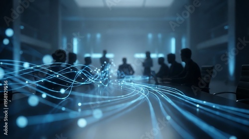 A dynamic shot of a business meeting in a dark conference room, with blue glowing data lines flowing across the table symbolizing digital connectivity and advanced technology.