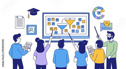 Team work on web sales plan and funnel on a big screen with notes now