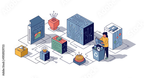 A girl puts trash in bin for tech and green earth and for a clean life