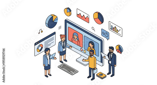 Remote business team members working online video call data charts analysis project success growth meeting office