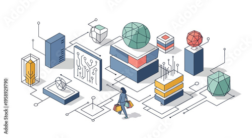 a shop trip in a web of data with a woman and tech server vector