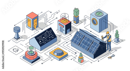 Technician installing solar panels on building for sustainable green energy and power system with clean technology infrastructure