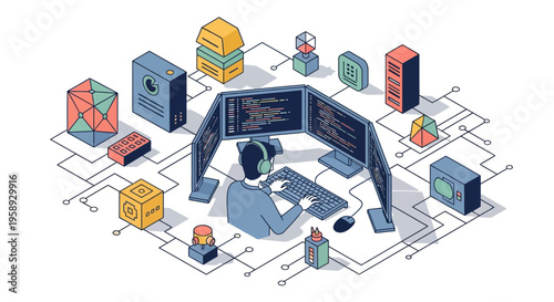 A Pro Dev Work On Code At Desk With Big Screens And Tech Icons Hub Map