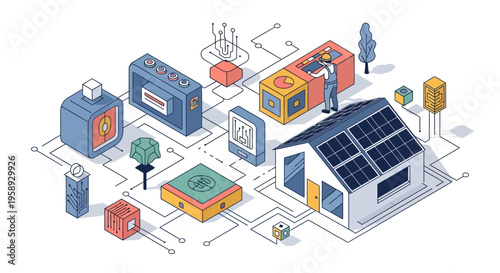 Isometric solar panel installation for smart home energy storage power grid with technician worker concept illustration