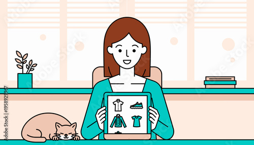 Young woman shopping for clothes online while sitting at home  