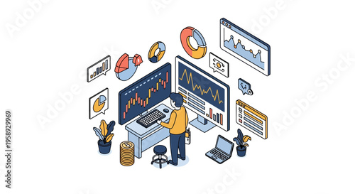 Man looks at stock graph data for a big bank and cash flow in office