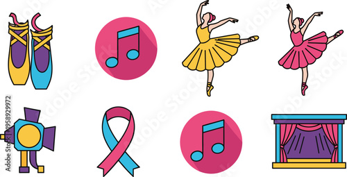 Flat Ballet and Performing Arts Icon Set Featuring Dancer Poses Pointe Shoes Music Notes Stage Lighting and Theater Elements for Creative Design