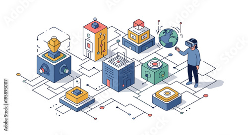 girl in vr using metaverse data tech web app dev tool art set flow icon