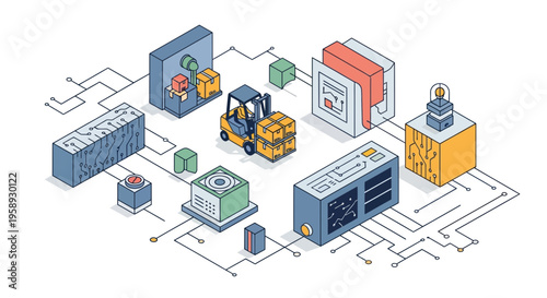 Automated industrial warehouse storage logistics management system with smart digital circuit technology and forklift delivery services