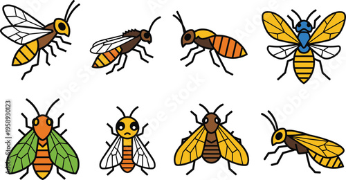 Flat Bee and Wasp Insect Icon Set Featuring Different Flying Pollinator Species with Wings and Stripes for Nature, Ecology, and Biology Design