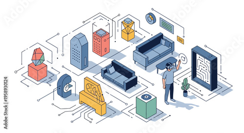 Futuristic Virtual Reality Experience with Isometric Digital Room and Smart Home Integration for Modern Technology Illustration