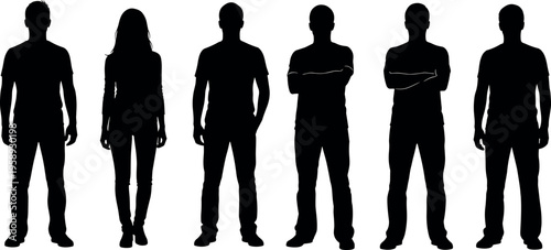 Collection of standing human silhouettes showing diverse male and female figures in different poses isolated on white background, minimal vector style for people lineup concept