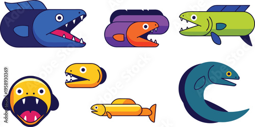 Flat Eel Fish Character Icon Set Featuring Cartoon Electric Eel Moray Variations with Open Mouth Expressions for Ocean Wildlife and Marine Design