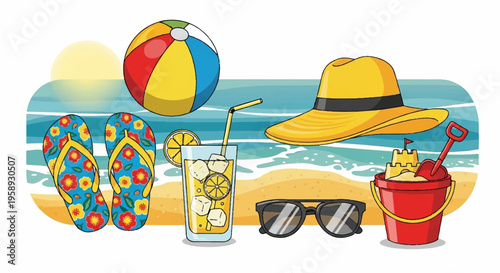 Beach vacation icons, summer elements, flip flops, sunglasses, beach ball, vector