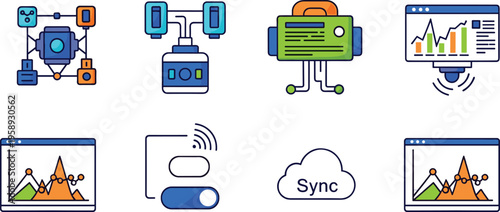 Modern Data Visualization, Cloud Sync, and Technology Icons for Digital Platforms, Websites, and Apps