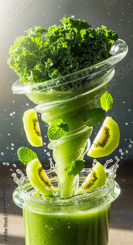 Spinning green smoothie with kiwi slices and kale leaves