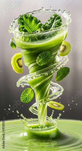 Healthy green juice splash with orbiting fruit and mint