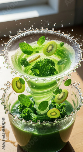Liquid motion of green detox smoothie with flying ingredients