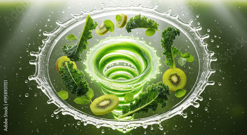 Glowing green smoothie vortex with kale kiwi and mint leaves