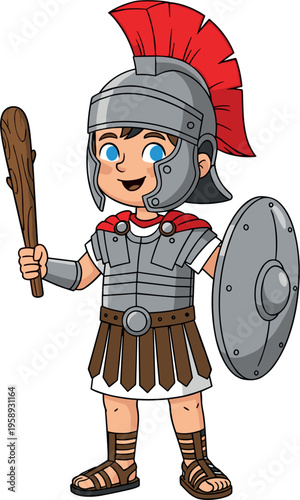 Cute cartoon Roman soldier boy character holding wooden club and shield, ancient warrior costume illustration isolated on white background for kids education and history design