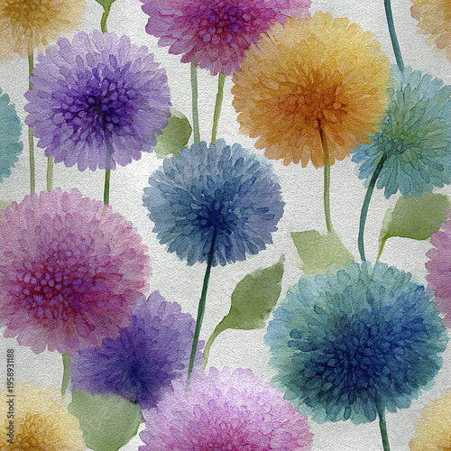 Soft watercolor puff flowers in purple, blue, yellow, and pink hues with green leaves create seamless textile pattern full of gentle, artistic charm and natural beauty