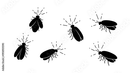 Charming black silhouettes of fireflies radiating light, depicting the wonder of warm evenings