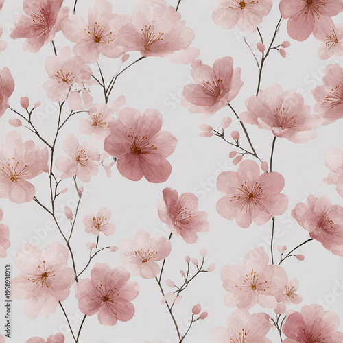 Soft pink cherry blossom flowers with delicate branches create airy and elegant floral pattern on light background, perfect for spring bridal shower or aesthetic tile design